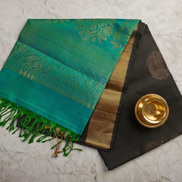 Black Soft Silk Saree with Emerald Teal Pallu