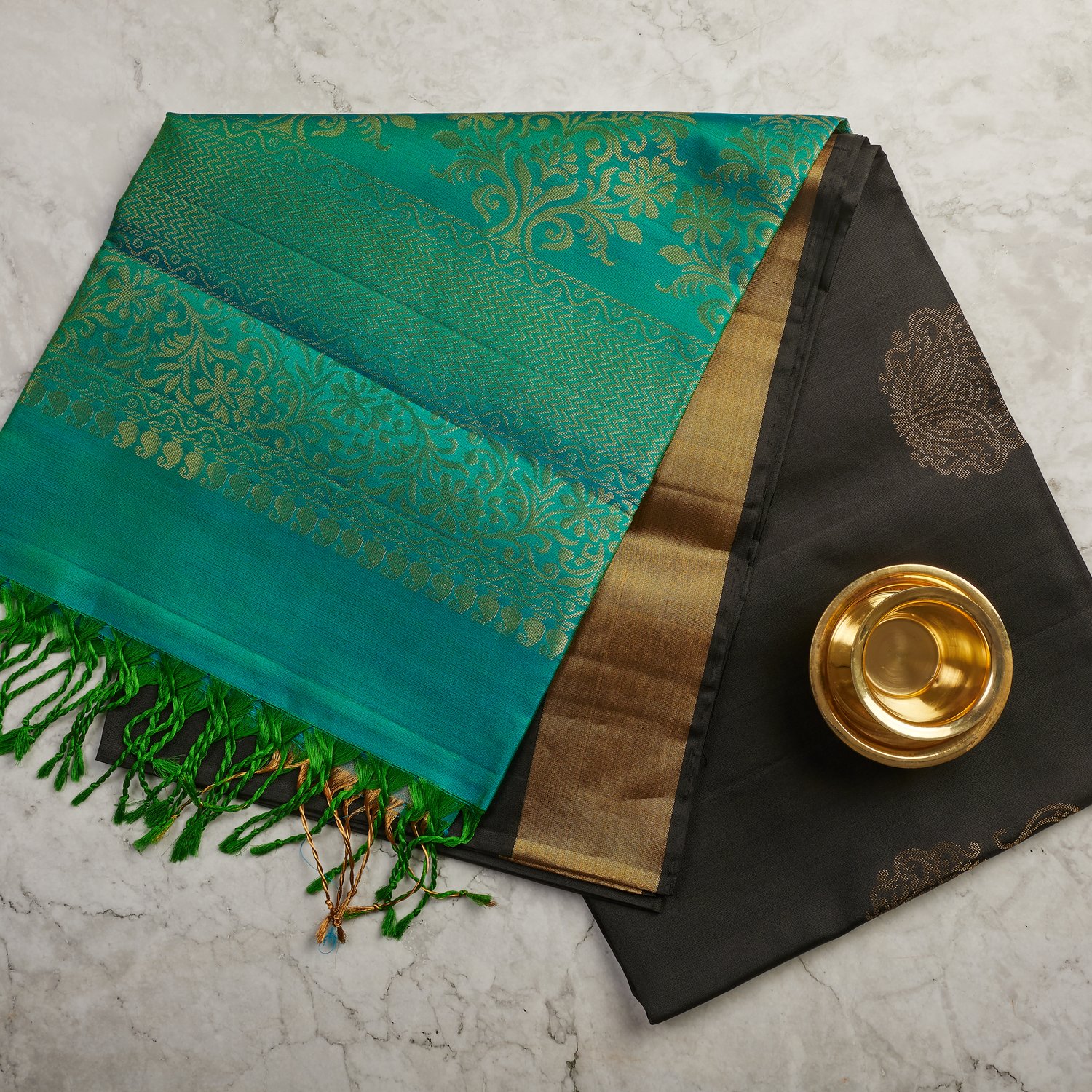 black-soft-silk-saree-with-emerald-teal-pallu Black Soft Silk Saree with Emerald Teal Pallu - Image 1