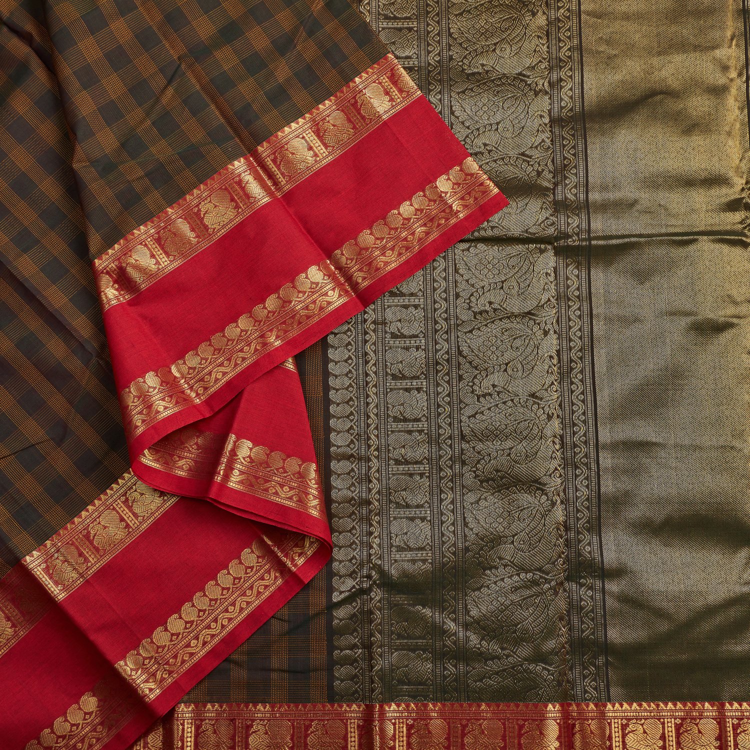 coffee-brown-kanjivaram-rich-cotton-saree-with-gold-zari-border Coffee Brown Kanjivaram Rich Cotton Saree with Gold Zari Border - Image 1