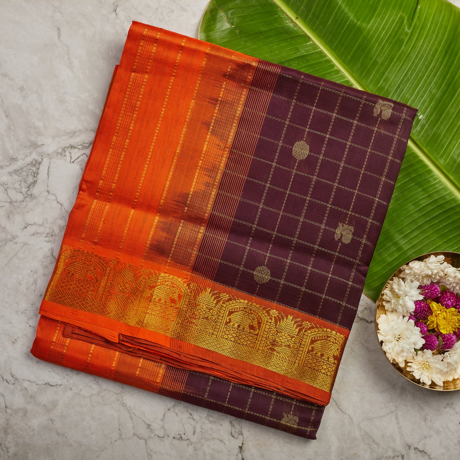 coffee-brown-orange-aarani-silk-cotton-saree-with-orange-border Coffee Brown Orange Aarani Silk Cotton Saree with Orange Border - Image 1
