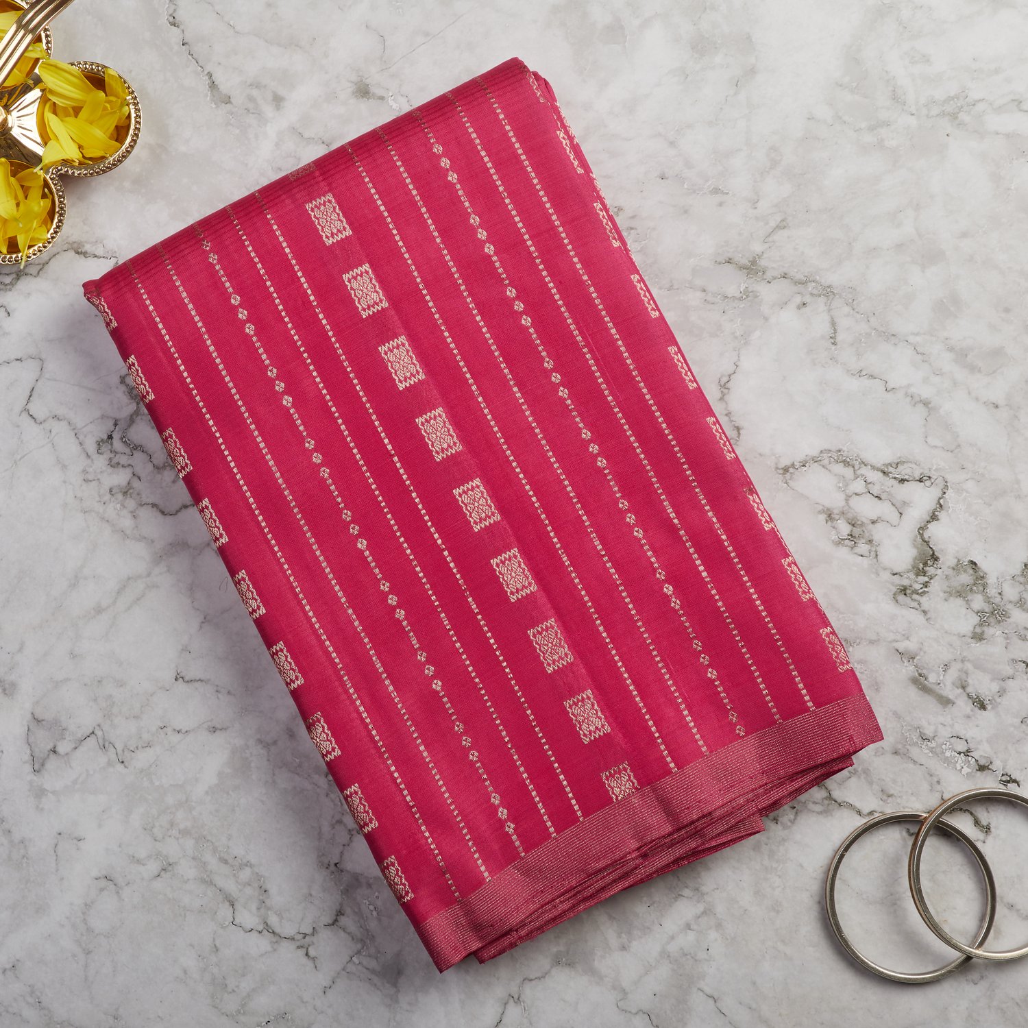 fuchsia-pink-soft-silk-saree-with-copper-gold-brocade-butta-stripes Fuchsia Pink Soft Silk Saree with Copper Gold Brocade Butta Stripes - Image 1