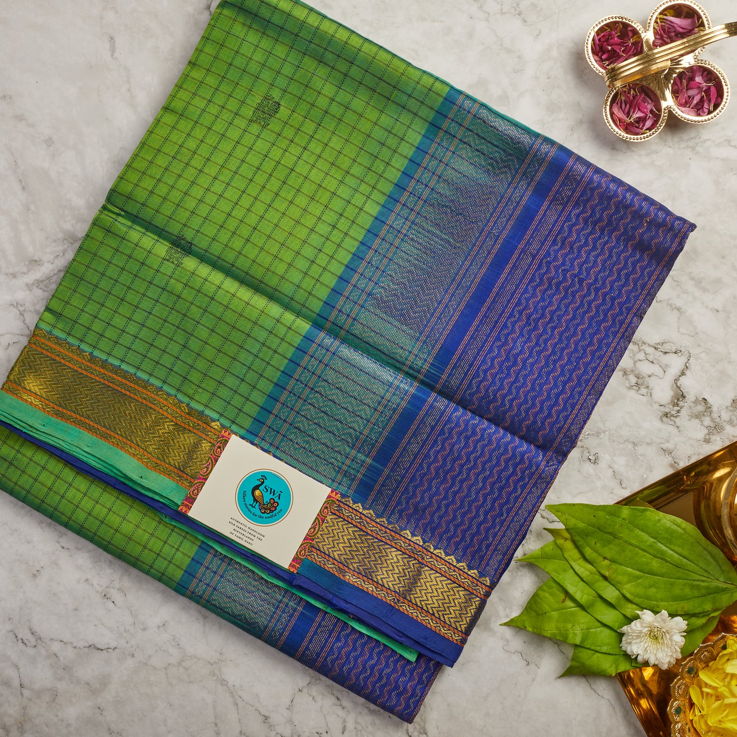 grass-green-aarani-silk-cotton-saree-with-micro-checks Grass Green Aarani Silk Cotton Saree with Micro Checks - Image 1