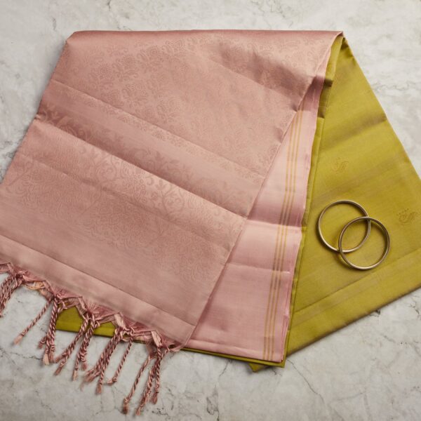 Lime Gold Soft Silk Saree with Powder Pink Border