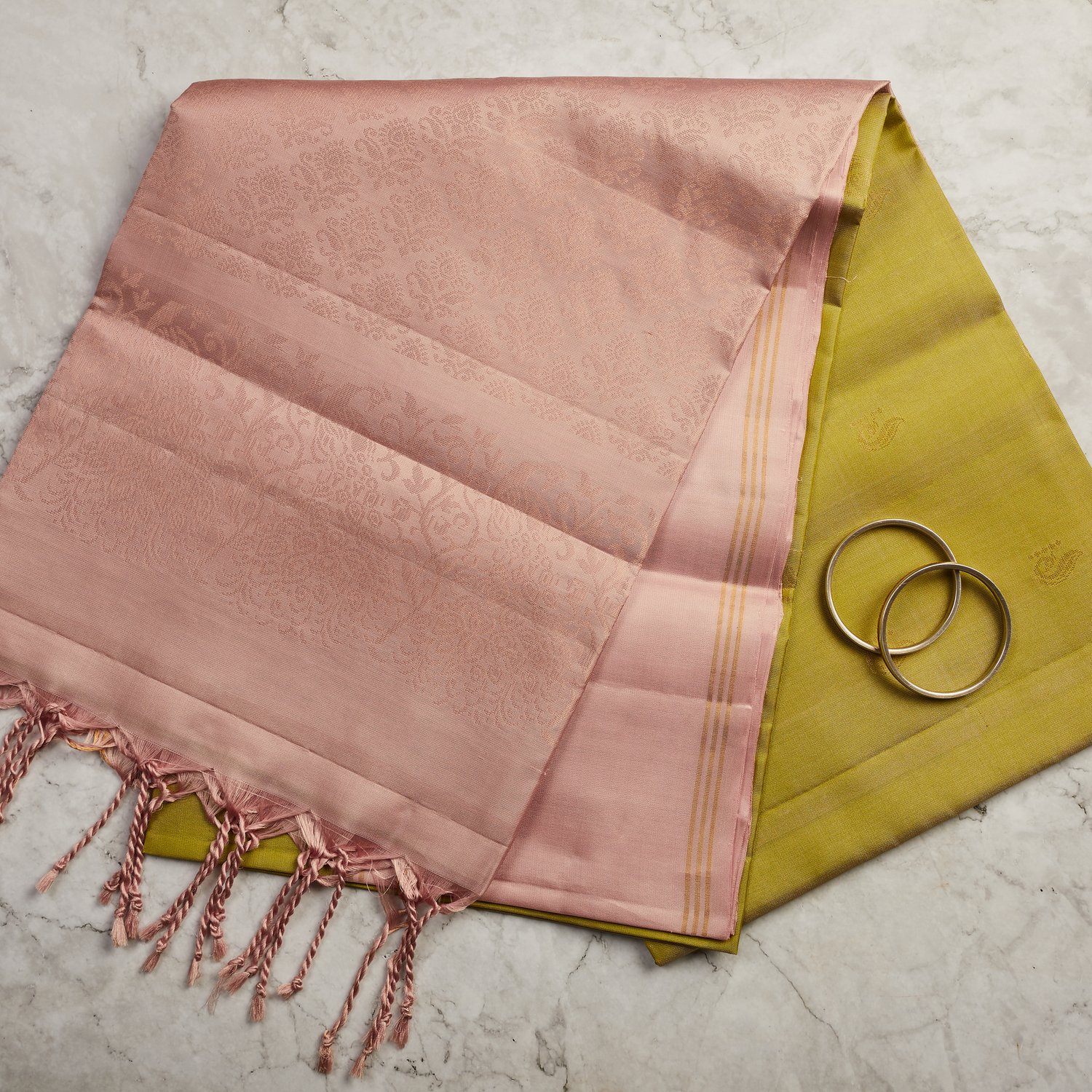 lime-gold-soft-silk-saree-with-powder-pink-border Lime Gold Soft Silk Saree with Powder Pink Border - Image 1
