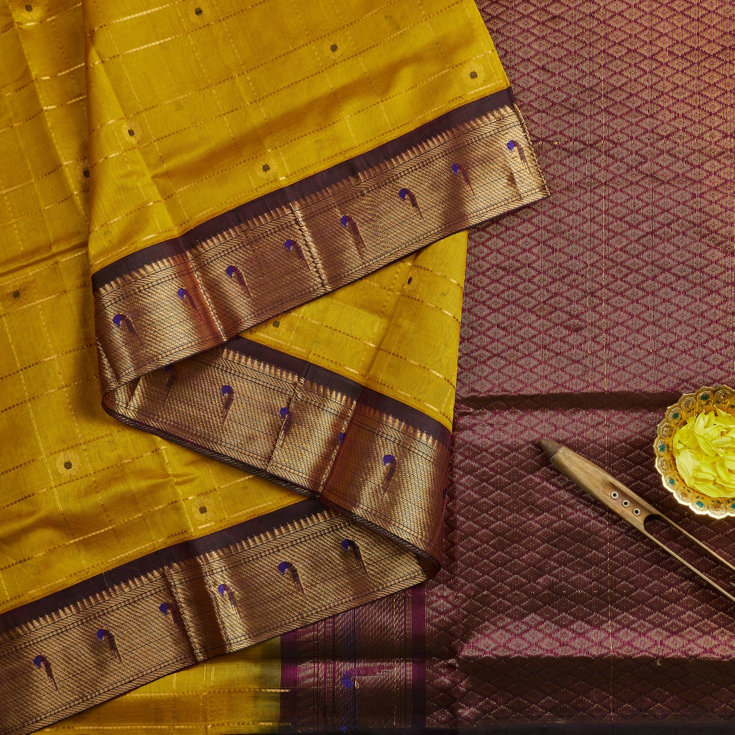 mustard-yellow-aarani-silk-cotton-saree-with-purple-border Mustard Yellow Aarani Silk Cotton Saree with Purple Border - Image 1