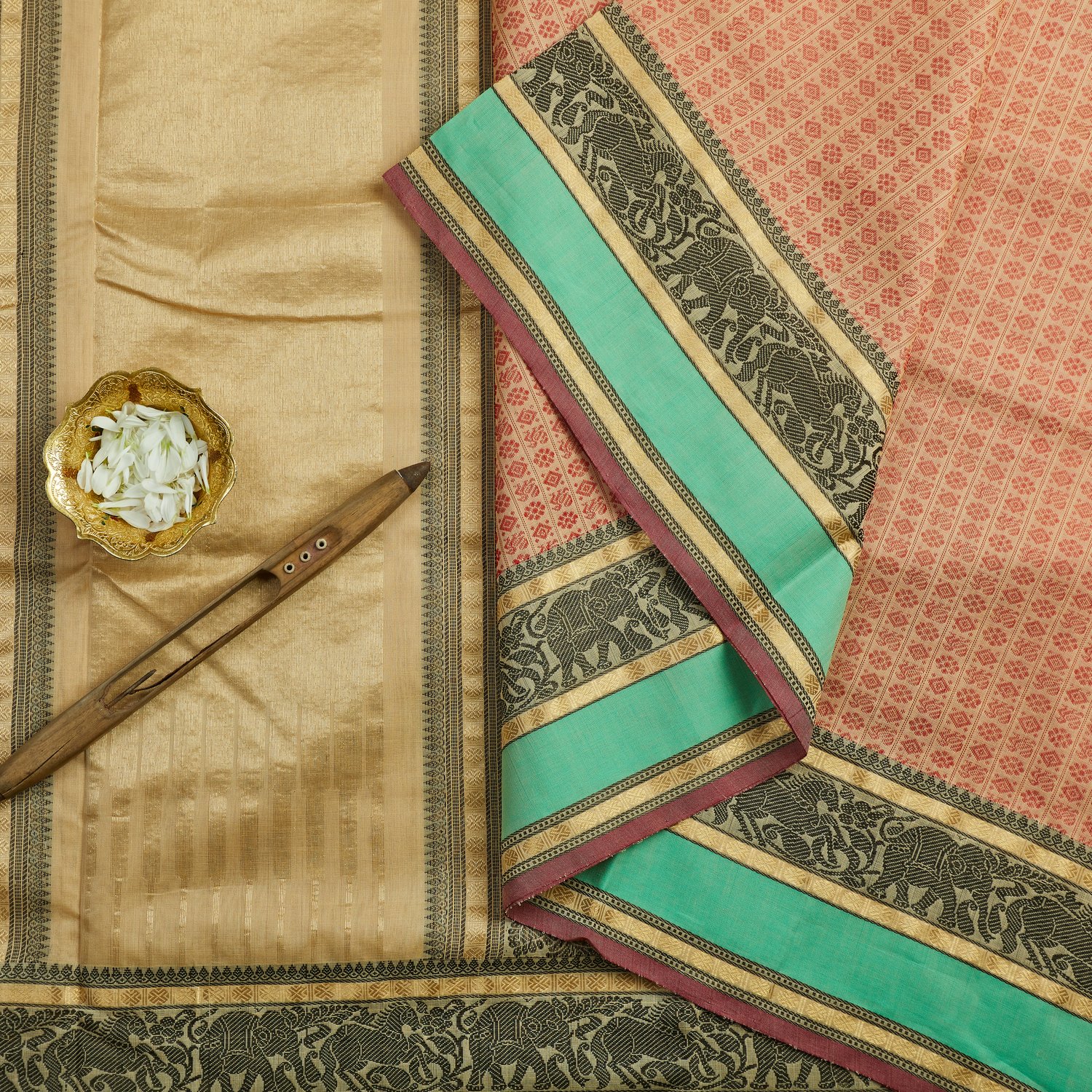 sandal-beige-mercerised-cotton-saree-with-teal-green-border Sandal Beige Mercerised Cotton Saree with Teal Green Border - Image 1
