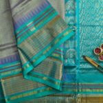 Steel Grey Aarani Silk Cotton Saree with Teal Border