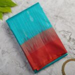 Turquoise Soft Silk Saree with Orange Waterfall Border